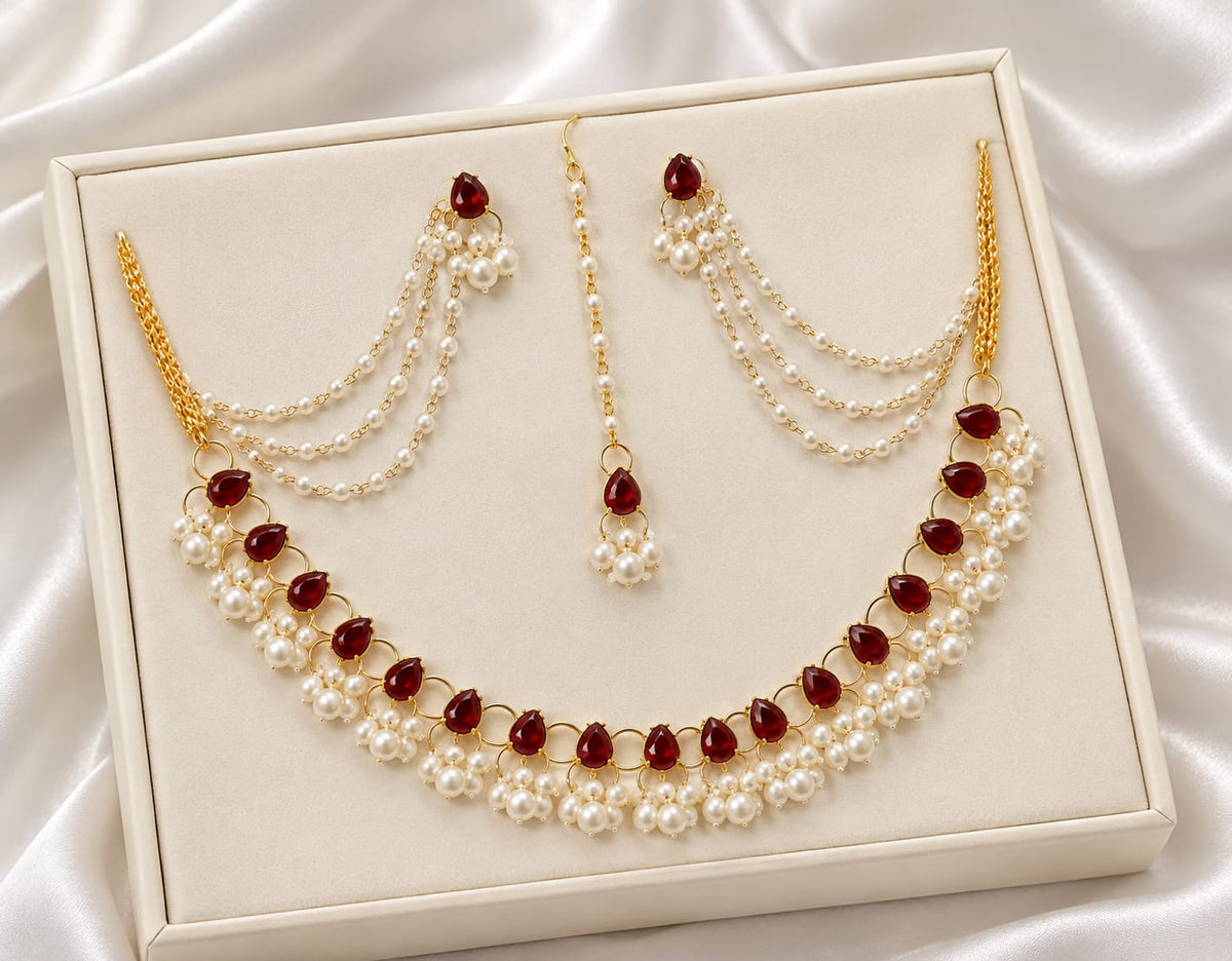 pearl and maroon stone earring,tikli and necklace set