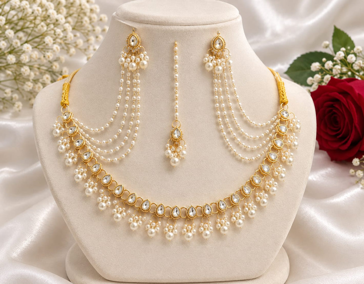 pearl and white stone earring,tikli and necklace set