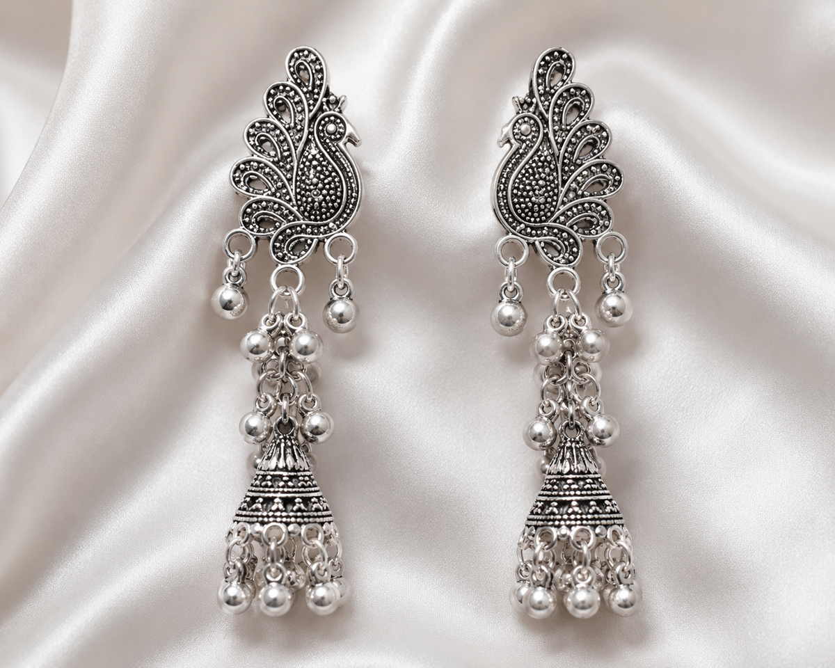 Elegant Antique Silver Peacock Jhumka