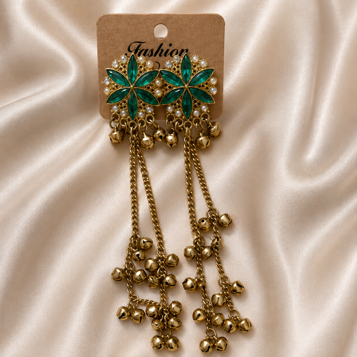 Emerald Floral Gold Tassel Earrings
