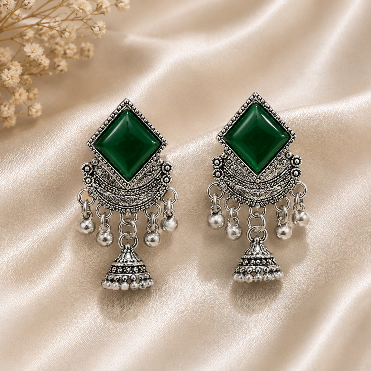 Emerald Green Oxidized Silver Jhumkas