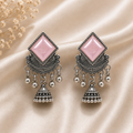 Emerald pink Oxidized Silver Jhumkas