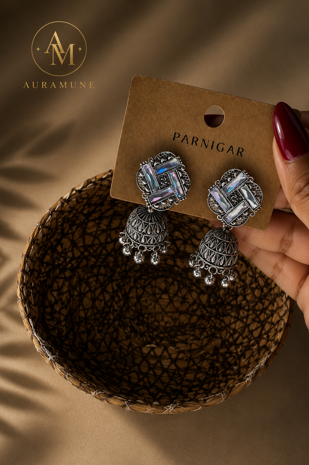 Noor Crystal Bloom Jhumka – Antique Silver