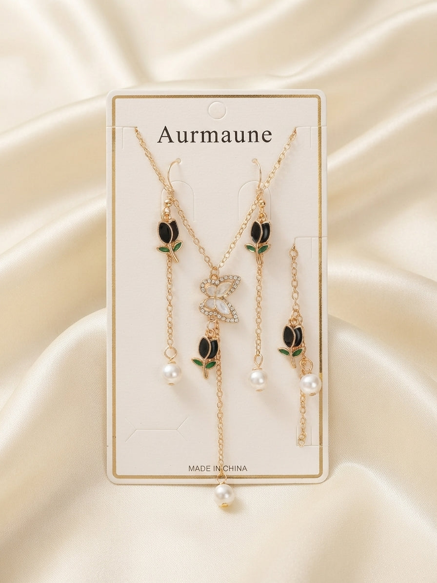 Black Rose Butterfly Pearl Jewelry Set