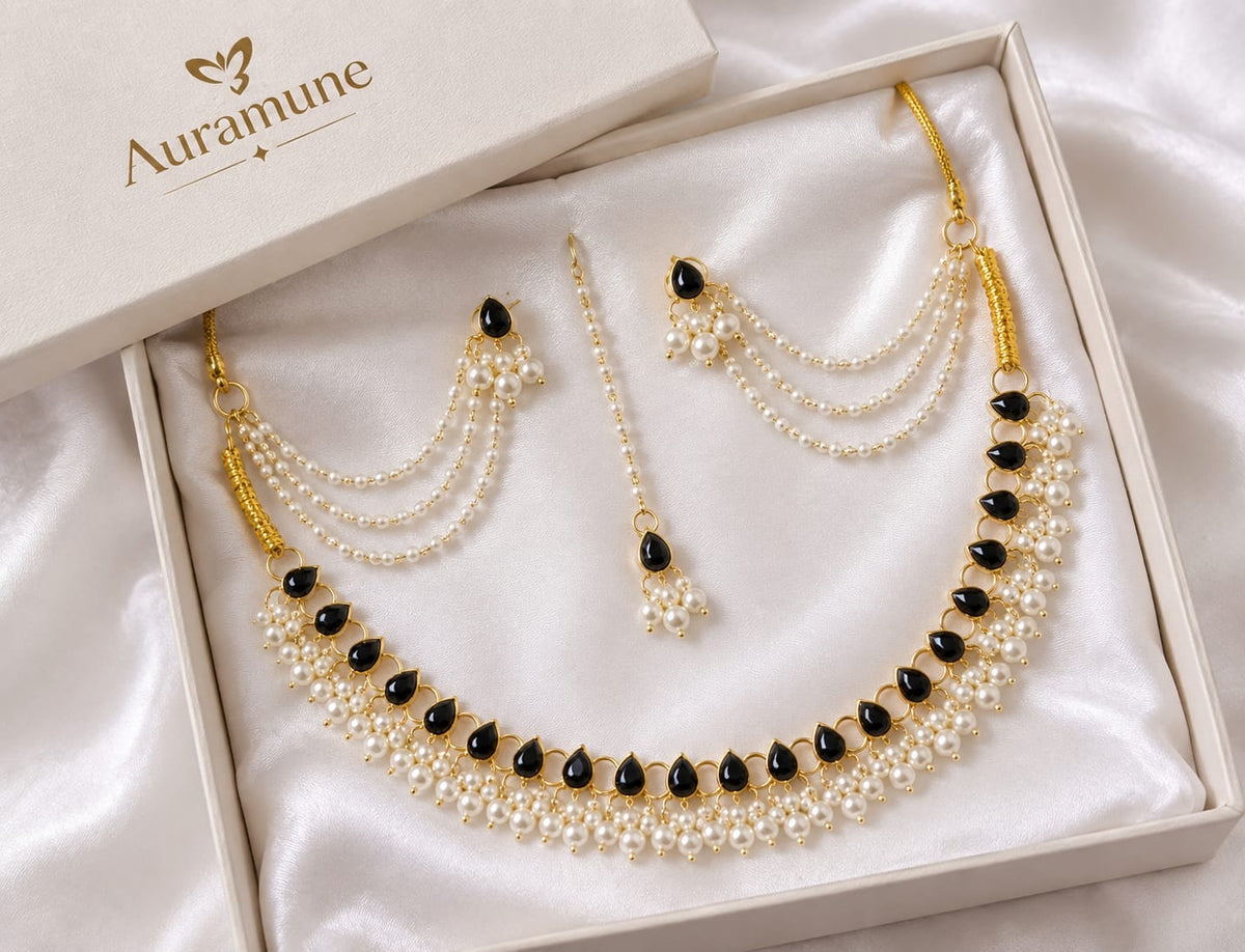 pearl and black stone earring,tikli and necklace set