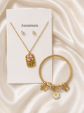 Elegant Gold-Tone Floral Charm Jewelry Set – Pink Flower Necklace, Stud Earrings & Daisy Bracelet