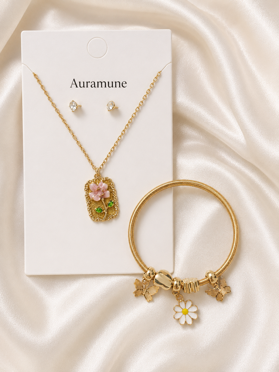 Elegant Gold-Tone Floral Charm Jewelry Set – Pink Flower Necklace, Stud Earrings & Daisy Bracelet