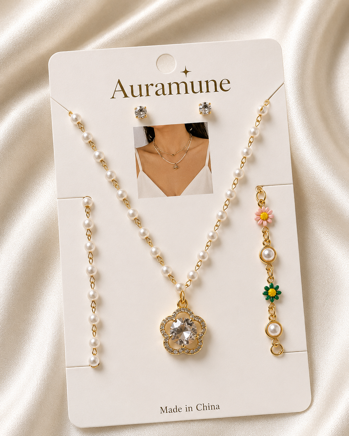 Pearl Blossom Jewelry Set — Necklace & 2 Bracelets