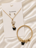 Elegant Black Butterfly Charm Jewelry Set – Gold-Tone Necklace, Stud Earrings & Charm Bracelet