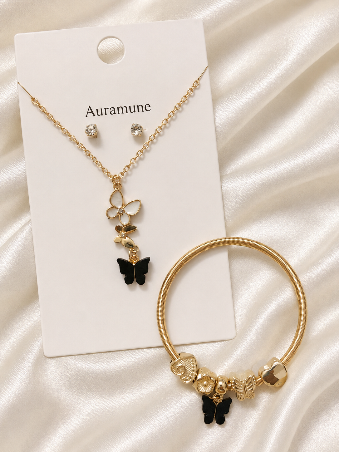 Elegant Black Butterfly Charm Jewelry Set – Gold-Tone Necklace, Stud Earrings & Charm Bracelet