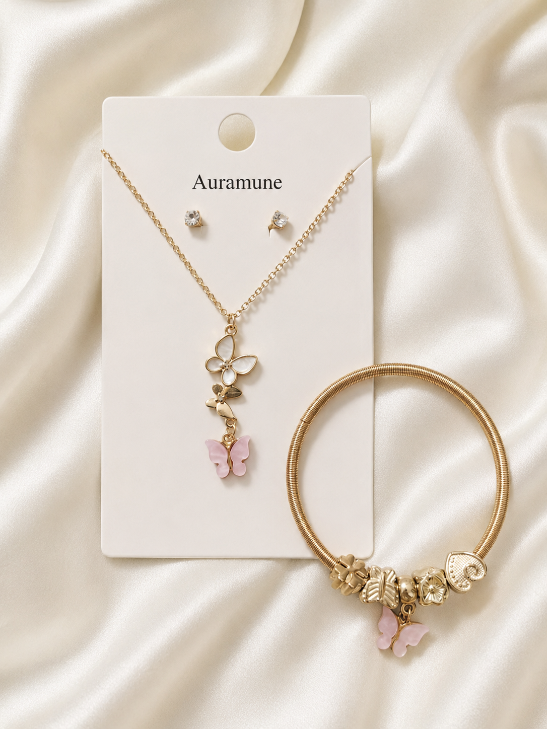 Elegant Butterfly Charm Jewelry Set – Gold-Tone Necklace, Stud Earrings & Charm Bracelet