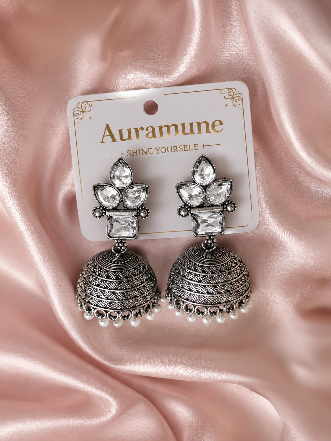 Elegant Oxidized Silver Crystal Jhumkas